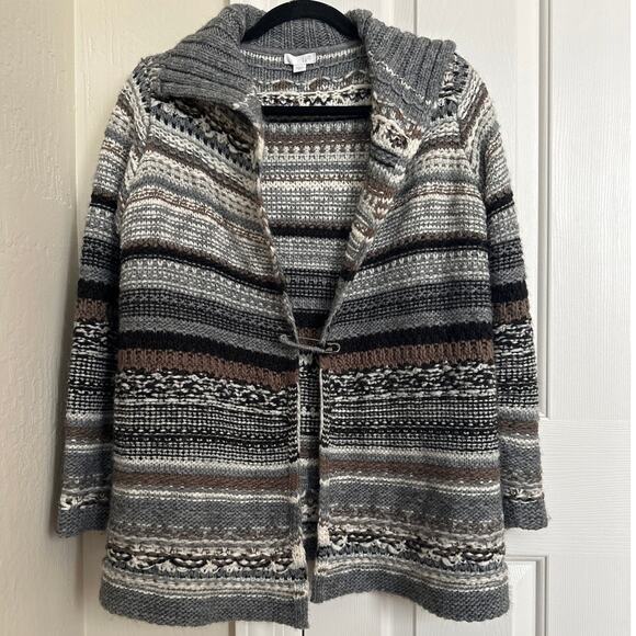 J. Jill Gray Wool Alpaca Blend Striped Fair Isle Cardigan - Picture 1 of 5